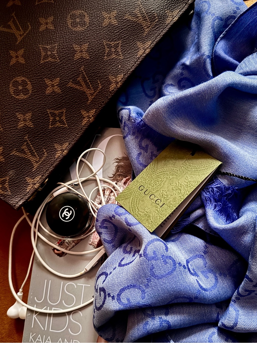 Authentic Gucci Blue Logo Silk-Blend Scarf
